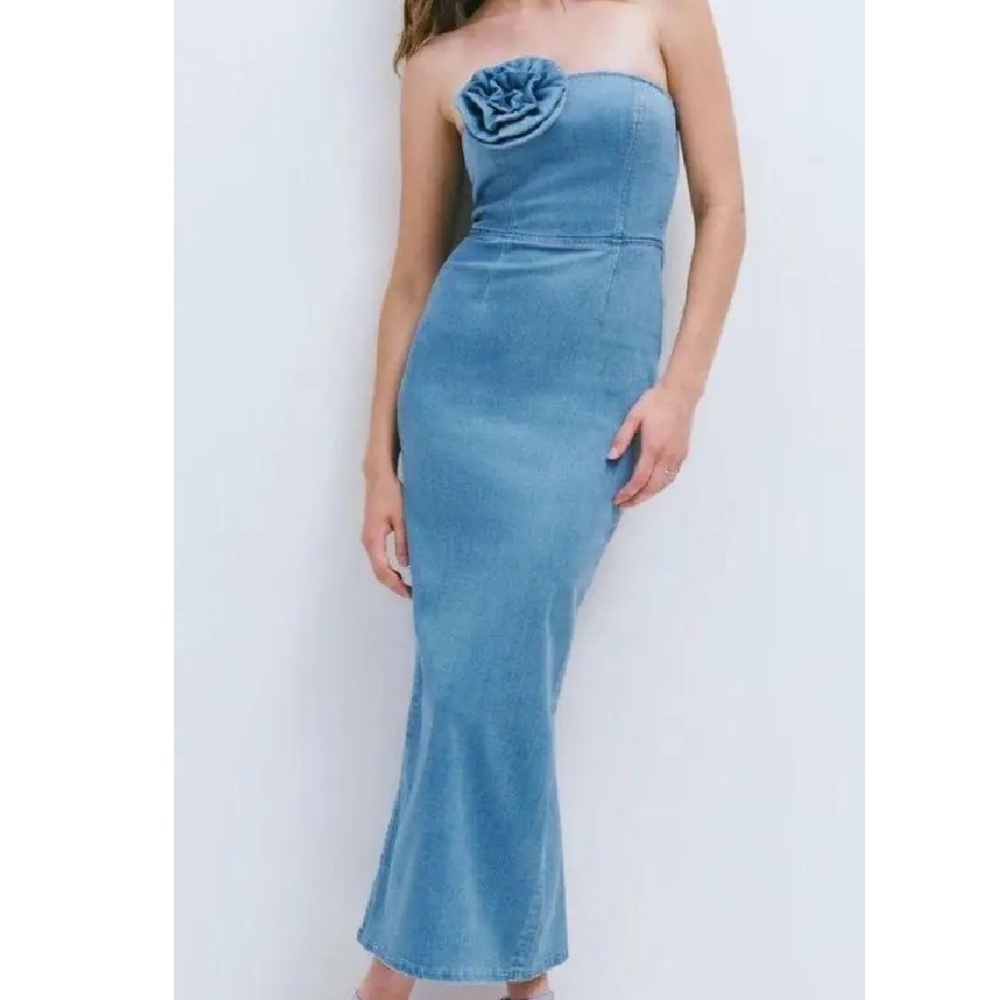 Torn by Ronny Kobo Blue Ruched Asymmetrical Midi Dress